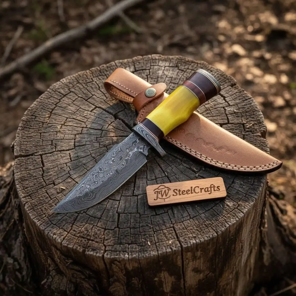 Handmade Hunter Clip Point Bowie Knife Damascus Steel Yellow Handle Jw Steelcrafts 1