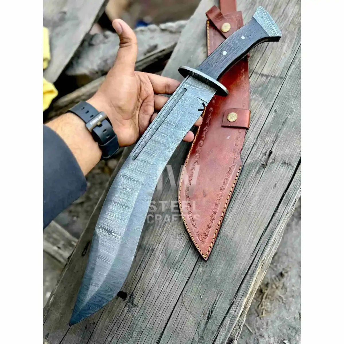 Handmade Kukri Bowie Knife Damascus Steel Recurve Blade Full Tang With Leather Sheath – Jw Steelcrafts 1