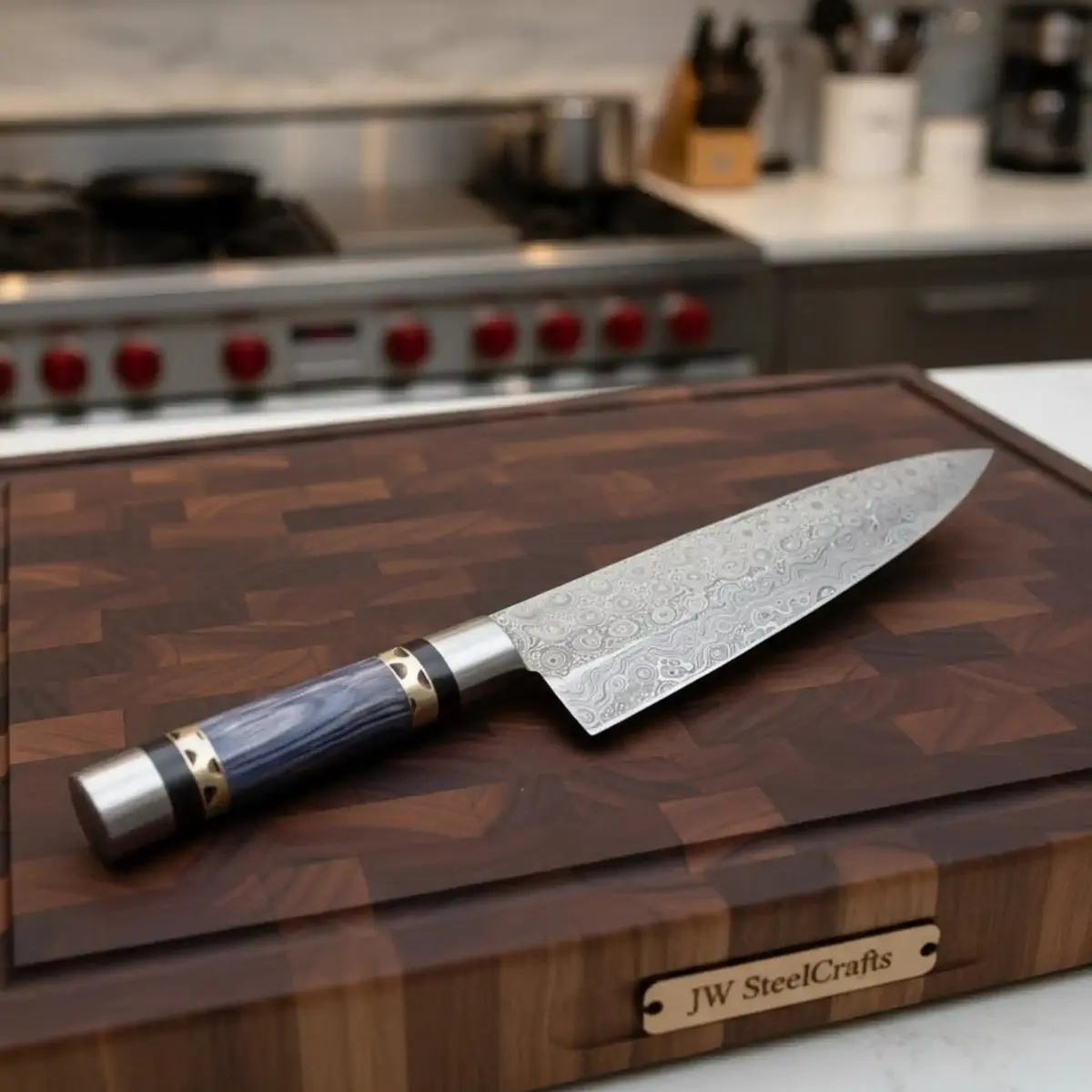 Handmade Raindrop Damascus Chef Knife, Full Tang 12 Inch Kitchen Knife With Grey Wood Handle 1