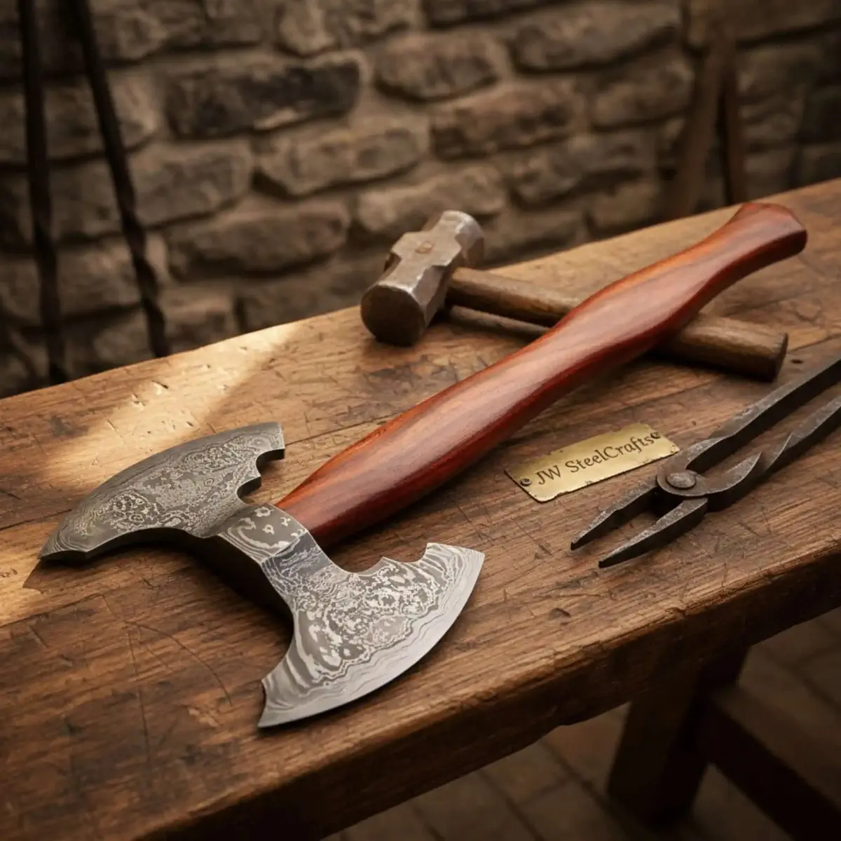 Handmade Viking Camp Axe, Broad Crescent Pattern-Welded Blade 1