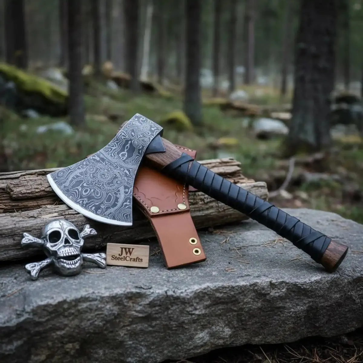 Heavy Duty Damascus Camp Axe With Leather Wrap Handle And Sheath, Hand-Forged Bushcraft Axe | Jw Steelcrafts 1