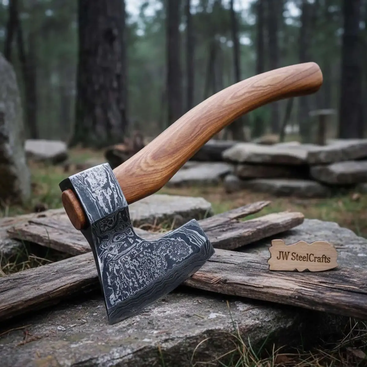 Historical Scandinavian Skeggøx — Curved Hardwood Handle With Hand-Forged Damascus Head 1