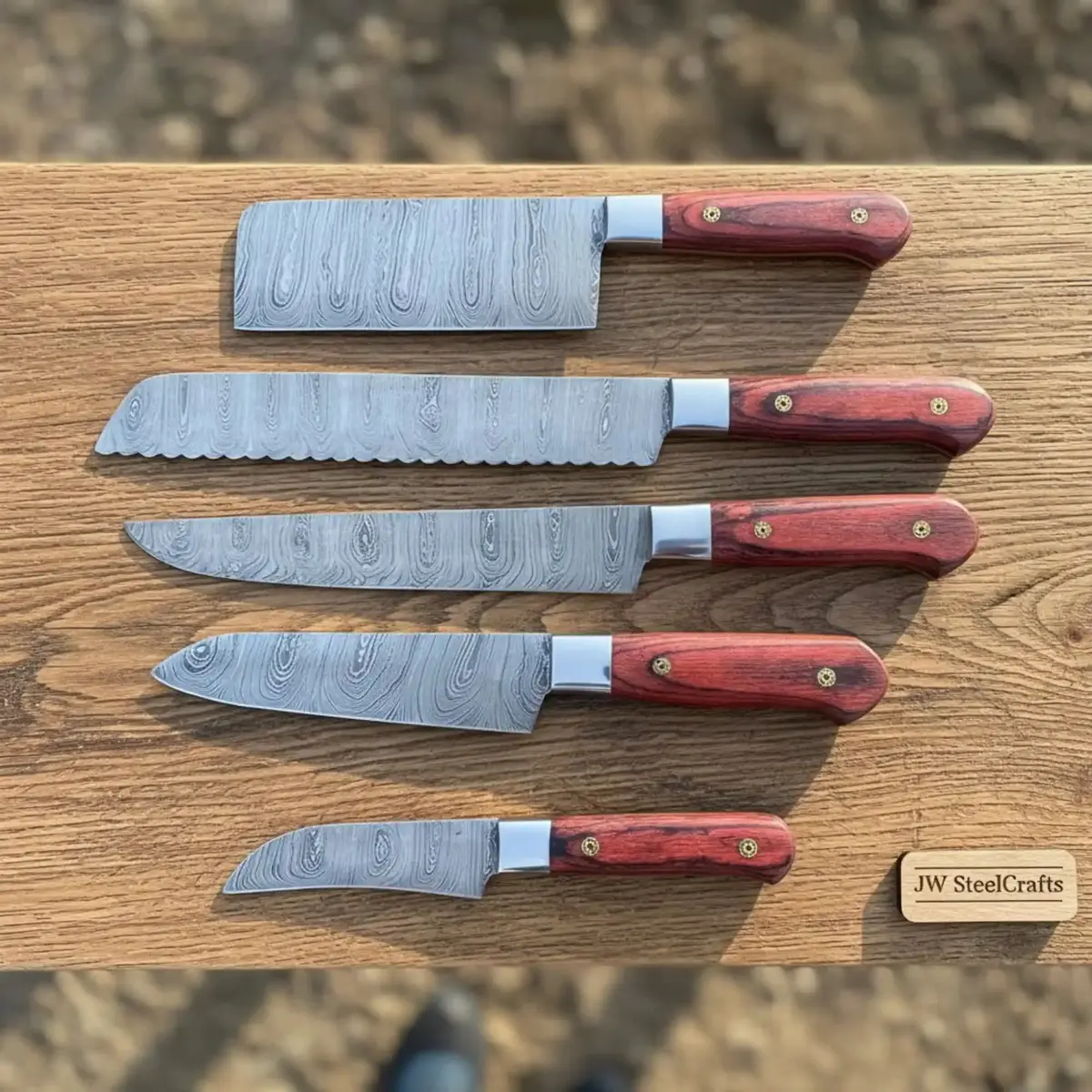 Jw Steelcrafts 10” Chinese Cleaver And 13” Carving Knife Set In Twisted Damascus With Red Pakka Wood Handles 1