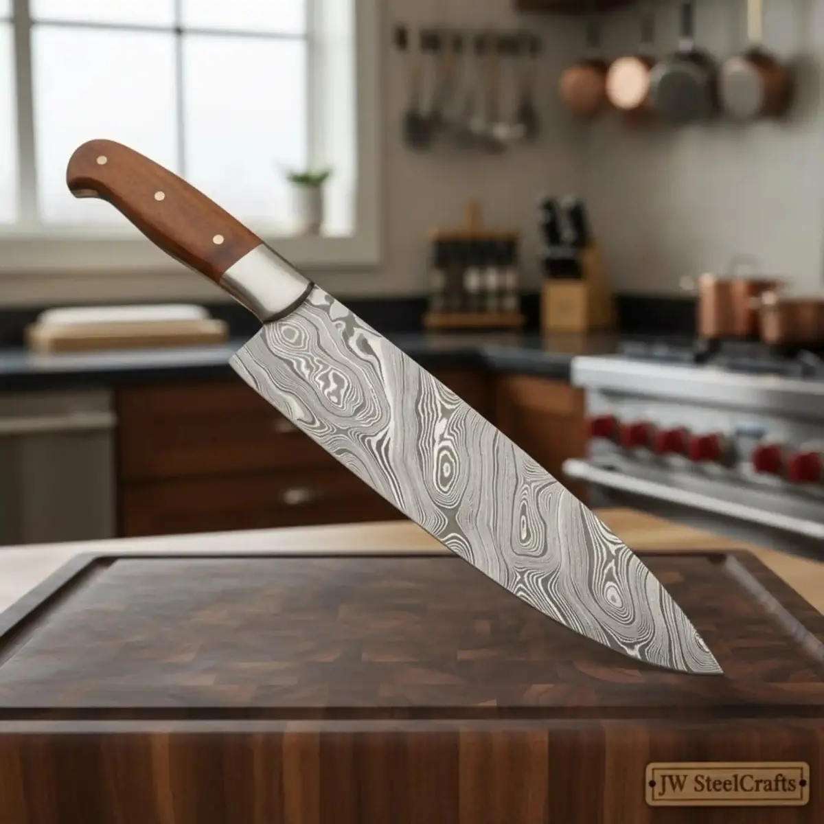 Jw Steelcrafts 14-Inch Damascus Chef Knife, Brown Bone Handle, Brass Bolster, Leather Sheath 1