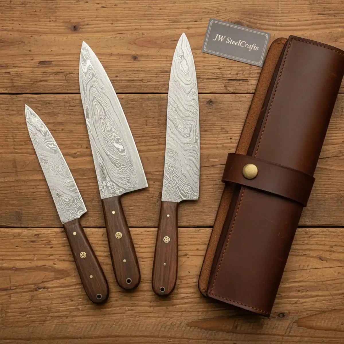 Handmade Damascus Kitchen Knife Set - Chef, Carving, Paring Knives, Walnut Handles 1