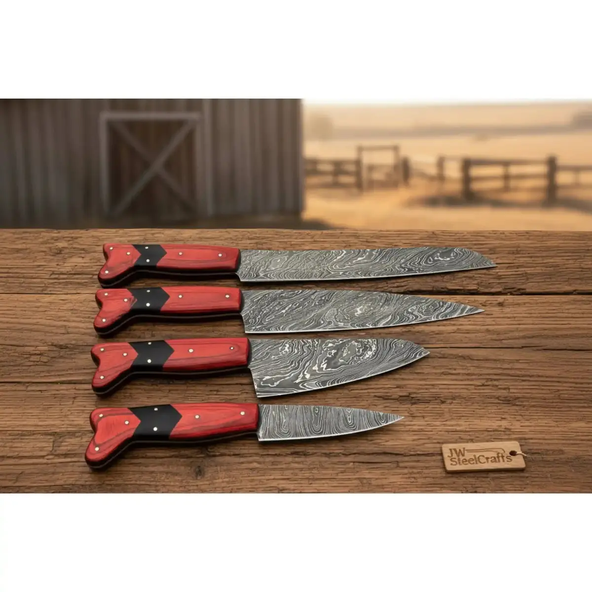 Handmade Red Wood Handle Damascus Kitchen Knife Set - 4 Piece Carving Chef Utility 1