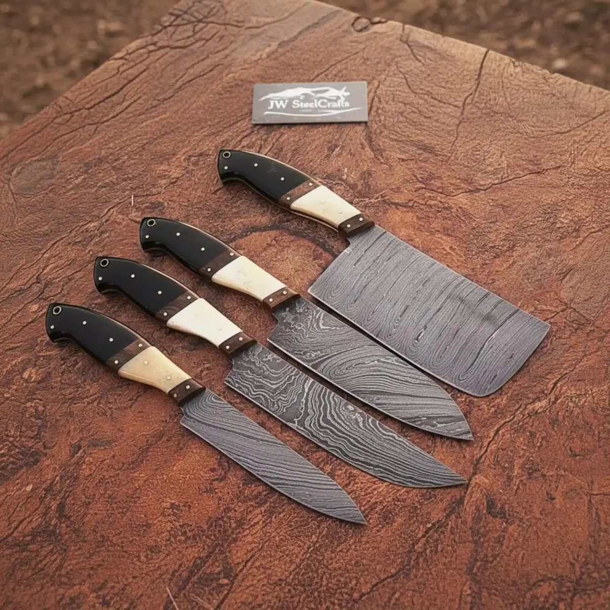 Handmade Damascus Steel Chef Knife Set With Bone & Wood Handle, 4-Piece Kitchen Cutlery Collection 1