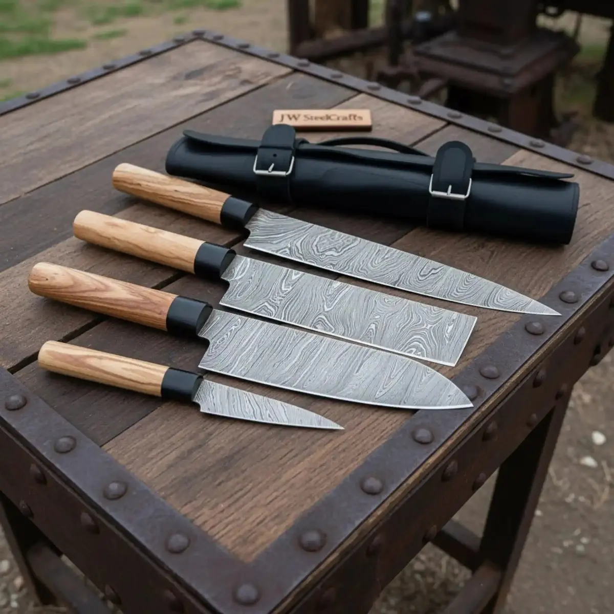 Handmade Damascus Steel Kitchen Knife Set With Olive Wood Handles - 4 Piece Set 1