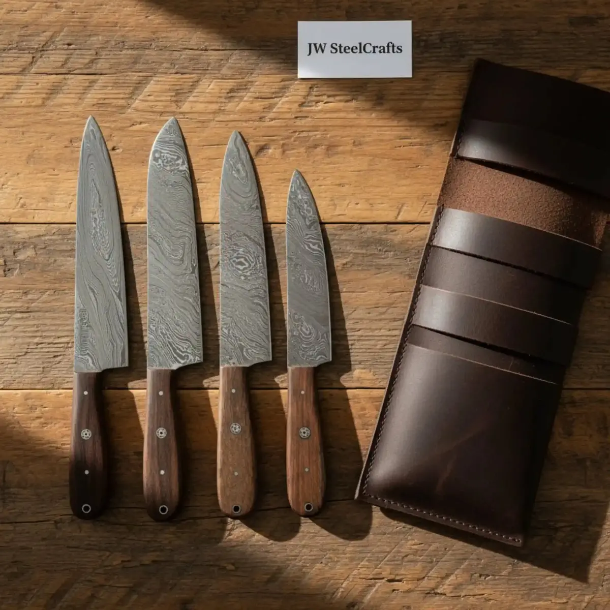Handmade Damascus Steel Knife Set With Leather Roll, Rosewood Handle Kitchen Collection 1