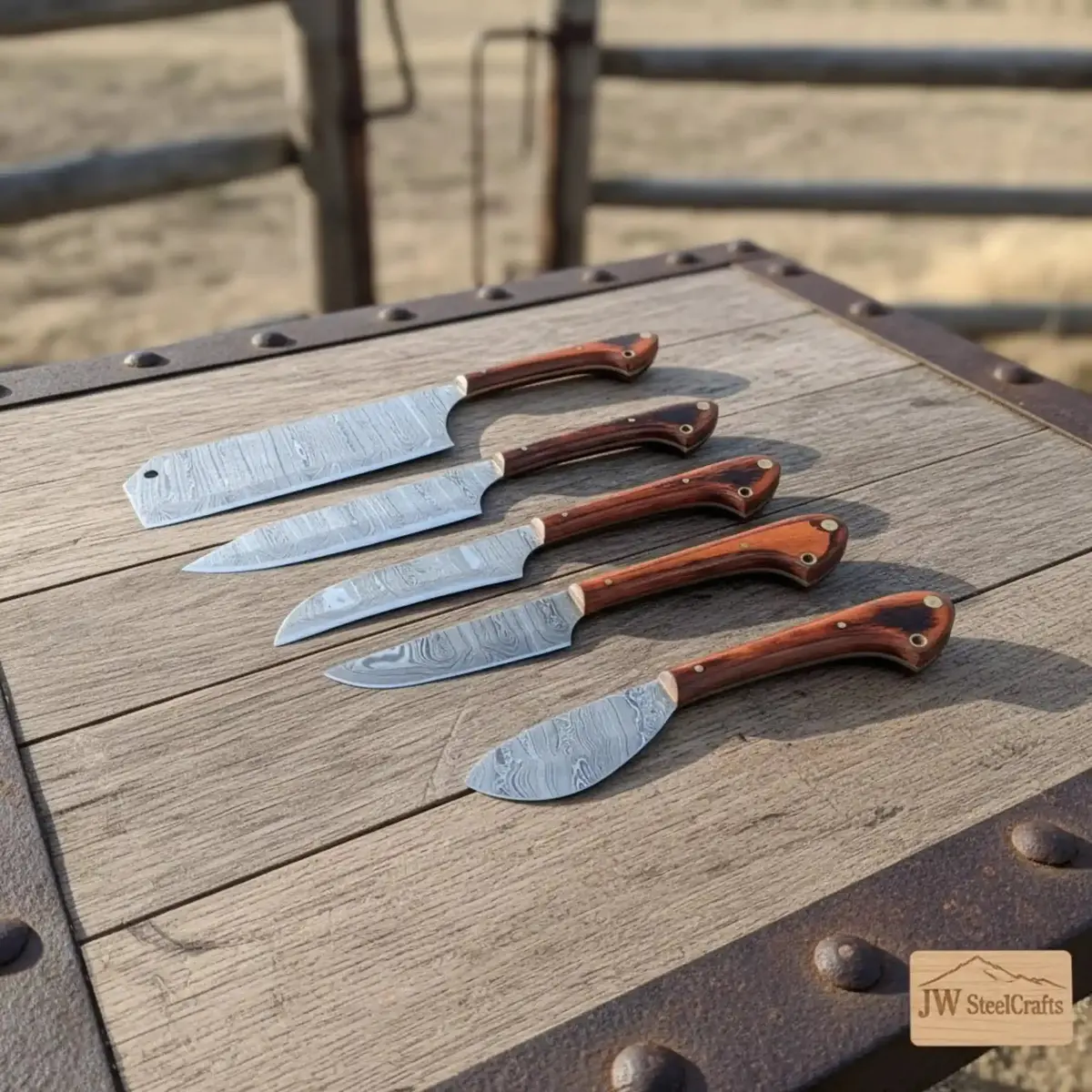 Jw Steelcrafts 5 Piece Damascus Kitchen Knife Set Chef Santoku Cleaver Utility And Paring Knives Pakka Wood Handle Professional Cooking Knife Collection 1