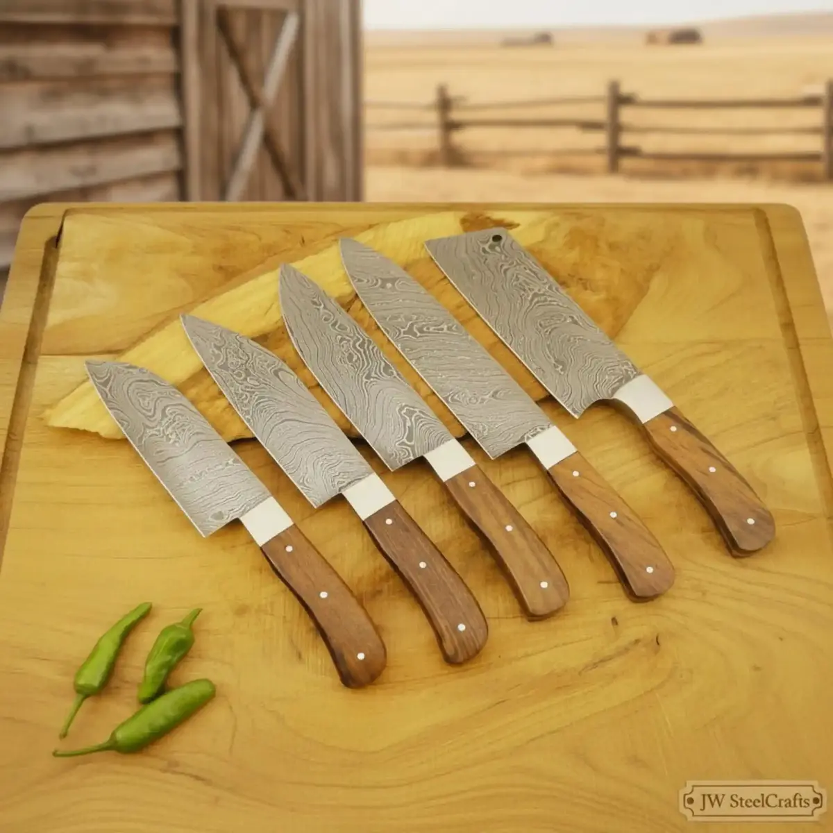 5 Piece Damascus Kitchen Knife Set - Walnut Wood Handle Professional Cooking Knife Set 1