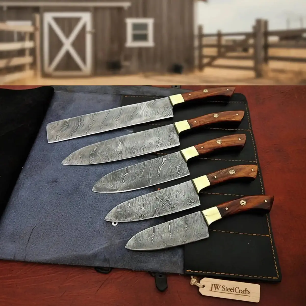Jw Steelcrafts 5 Piece Damascus Kitchen Knife Set Chef Santoku Utility And Paring Knives Pakka Wood Handle With Leather Knife Roll Professional Cooking Set 1