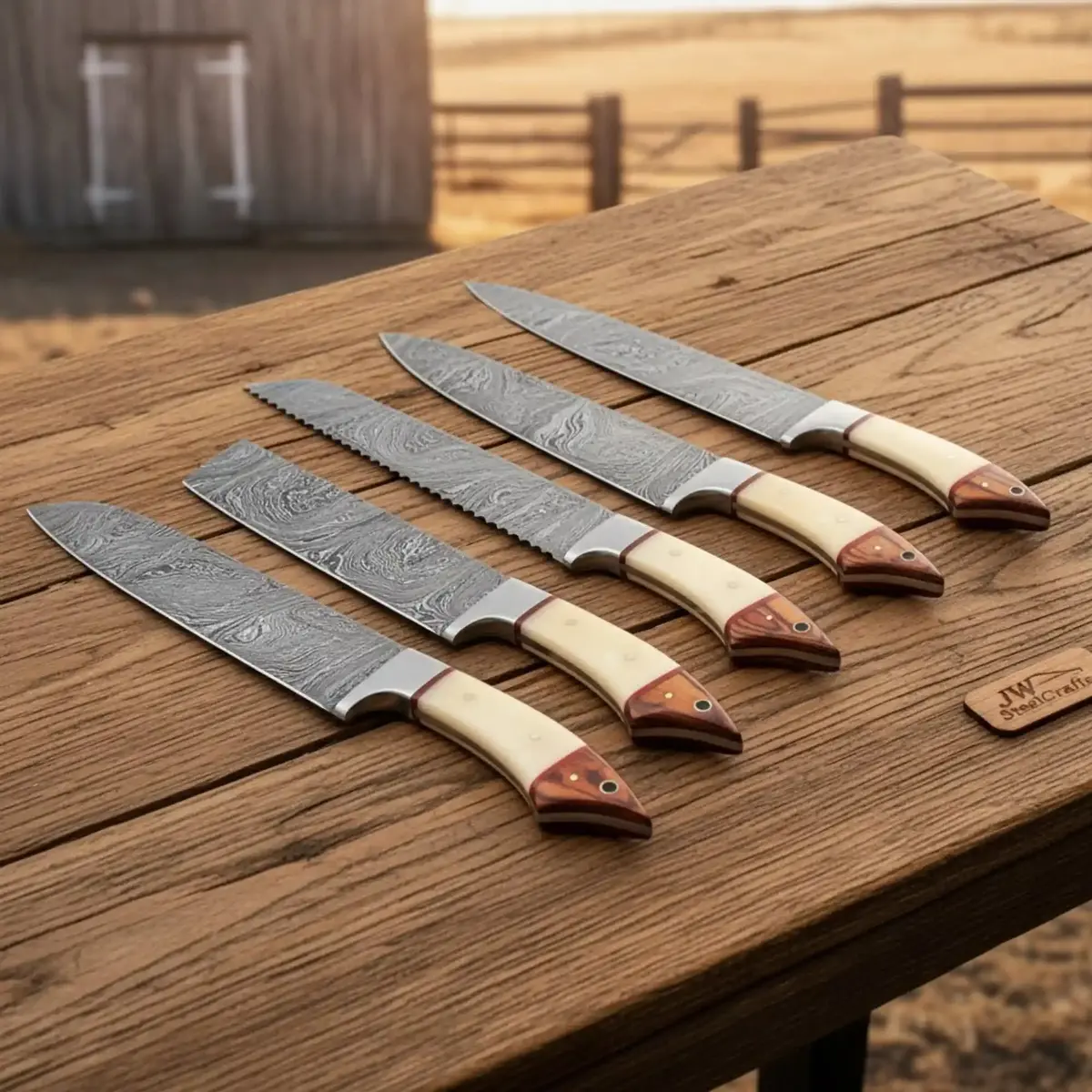 Handmade Damascus Steel Kitchen Knife Set With Bone And Wood Handles 1