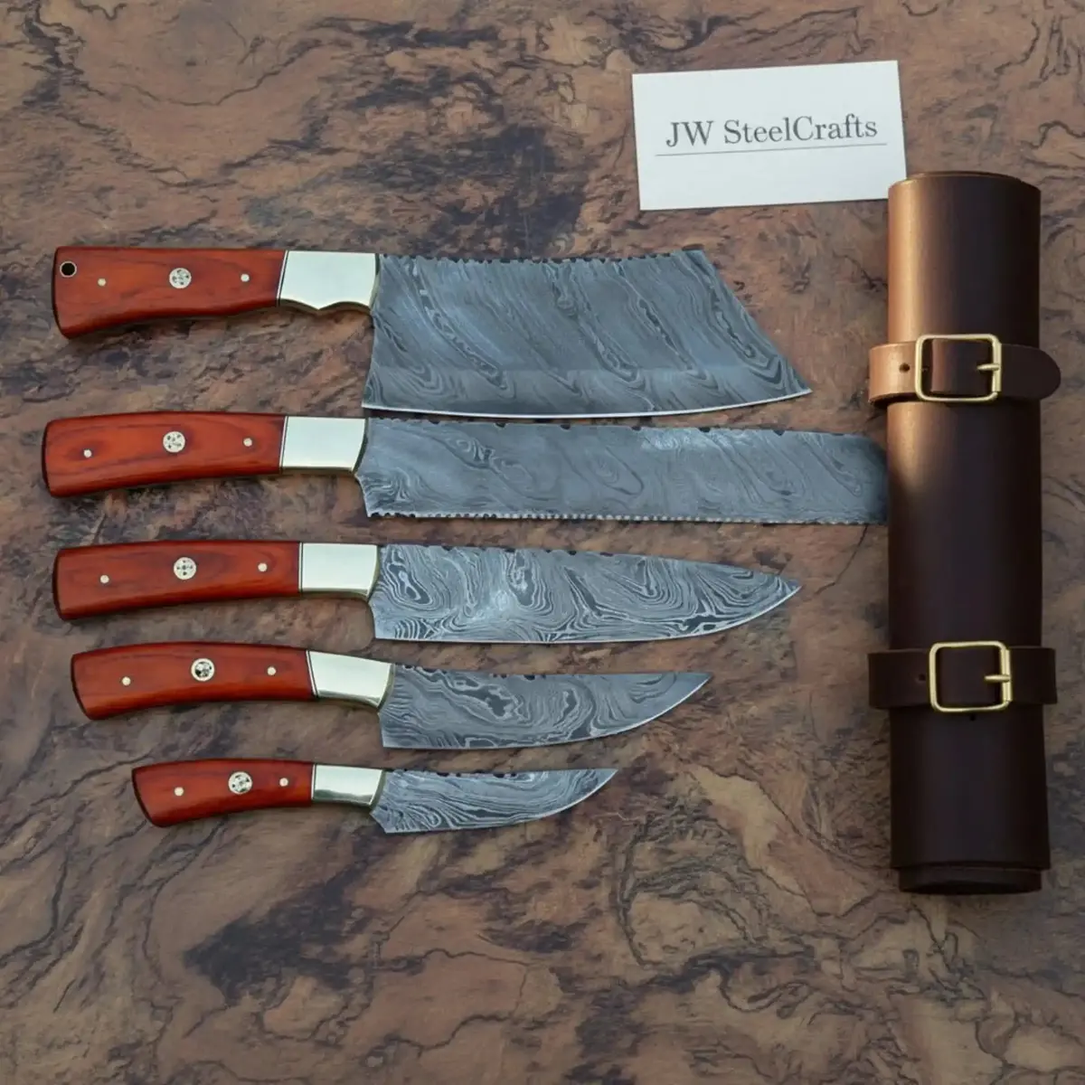 Handmade Damascus Steel Kitchen Knife Set With Leather Roll - 5 Pieces 1