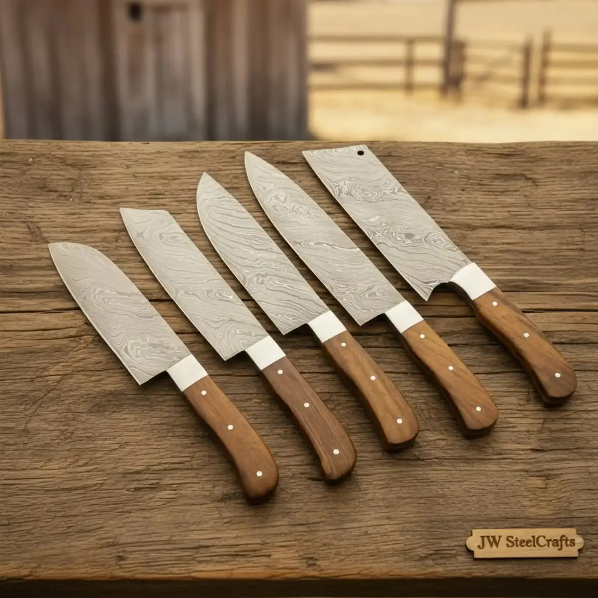 Custom Damascus Steel Kitchen Knife Set, 5-Piece Collection With Rosewood Handles 1