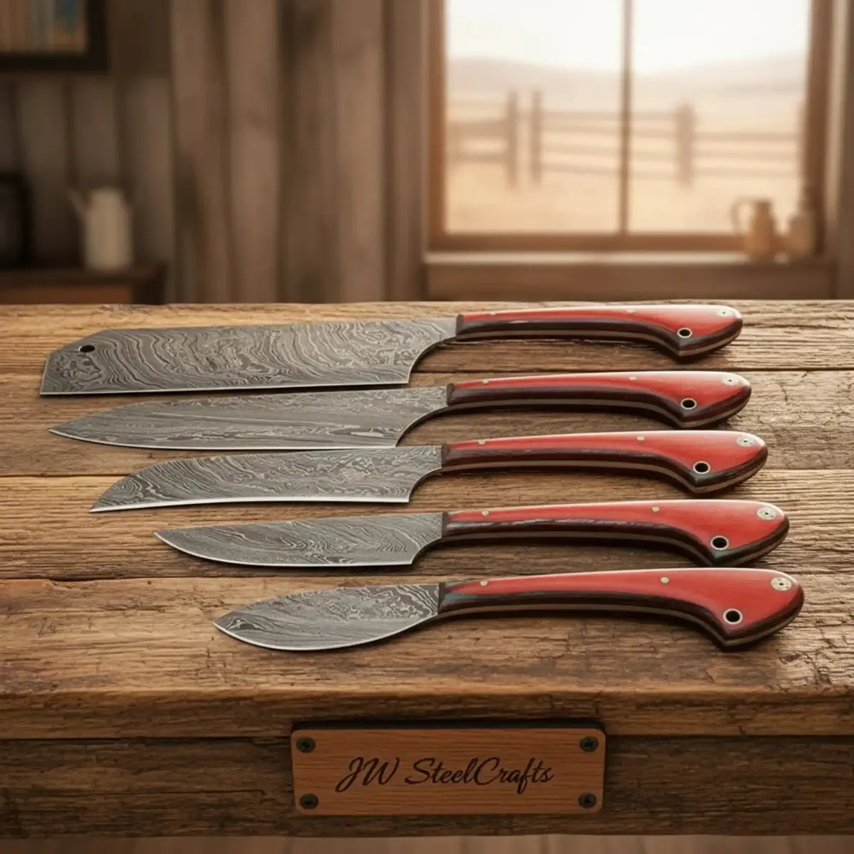 Jw Steelcrafts 5-Piece Damascus Kitchen Set Cleaver, Gyuto, Bunka, Santoku, Paring Red Pakka Wood 1