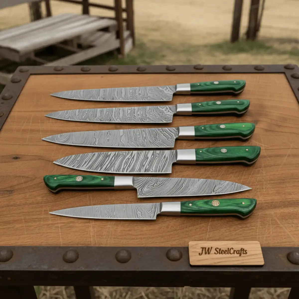 6-Piece Damascus Kitchen Knife Set With Green Wood Handle - Professional Cooking Collection 1