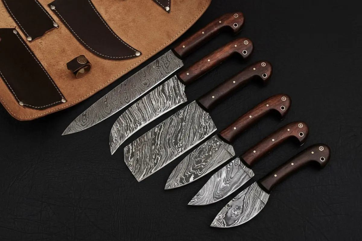6-Piece Damascus Knife Set With Leather Roll 1