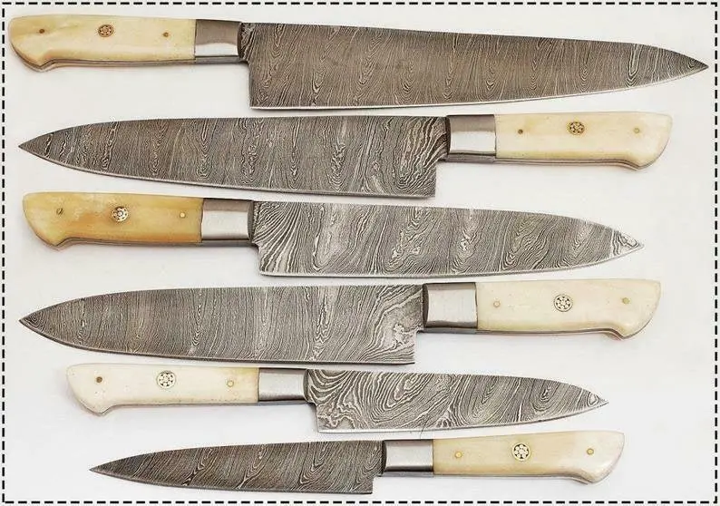6-Pc Damascus Knife Set: Gyuto, Santoku, Nakiri, Boning, Utility, Paring Knives + Leather Roll 1