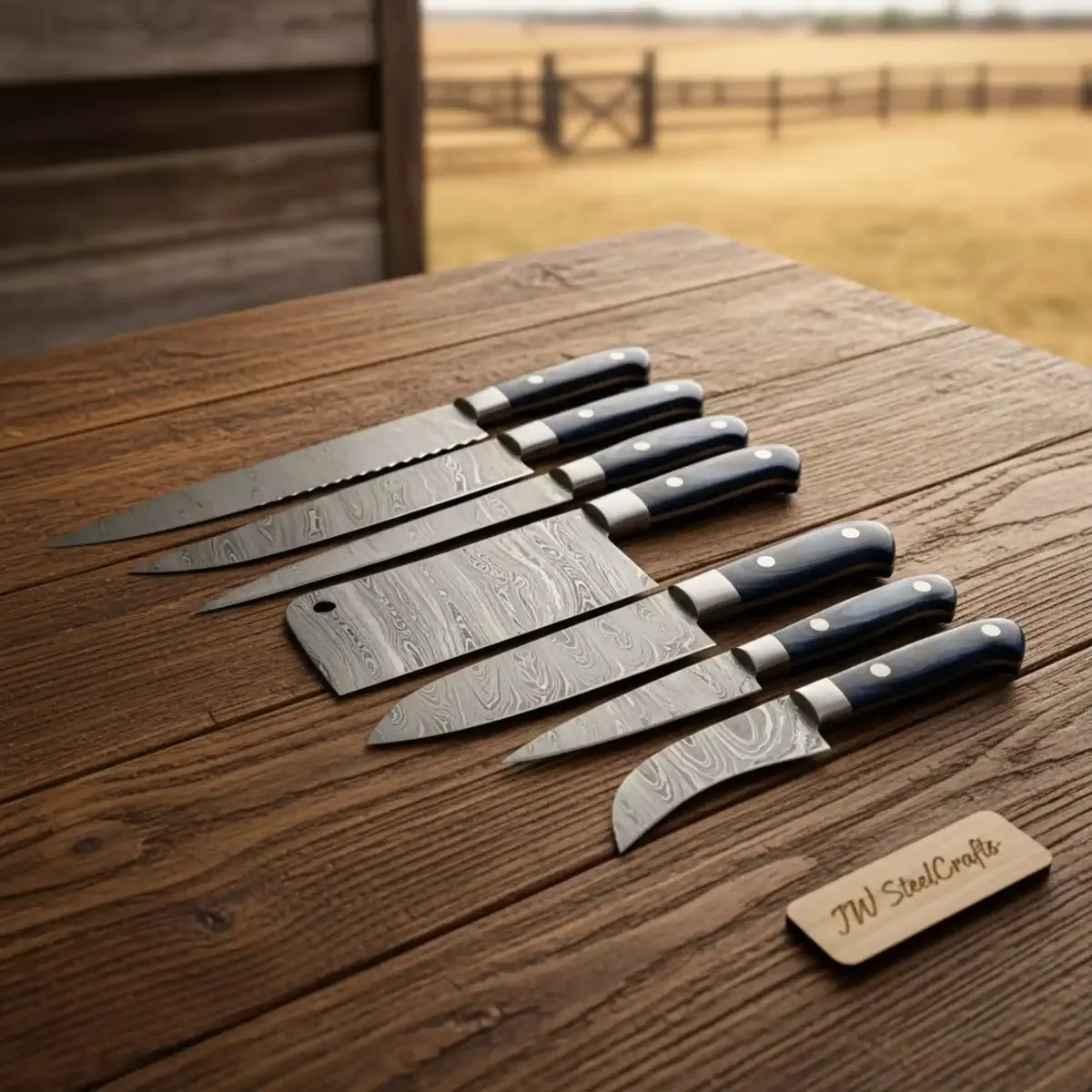 Jw Steelcrafts 7-Piece Damascus Chef Knife Set – Serrated Bread + Carving Knife + Meat Cleaver + Chef Knife + Utility + Paring/Peeler – Rustic Outdoor Style 1