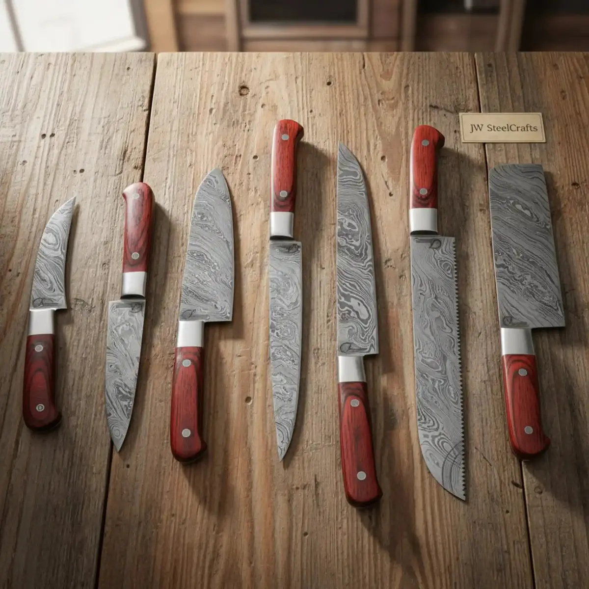 Jw Steelcrafts 7 Piece Damascus Kitchen Knife Set, Paring Utility Santoku Chef Carving Bread Knife And Vegetable Cleaver, Handmade Damascus Steel Knife Set Red Wood Handle 1