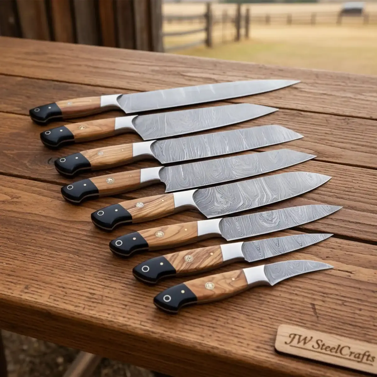 Jw Steelcrafts 7-Piece Full Tang Damascus Gyuto Knife Set With Olive Wood And Black Resin Handles 1