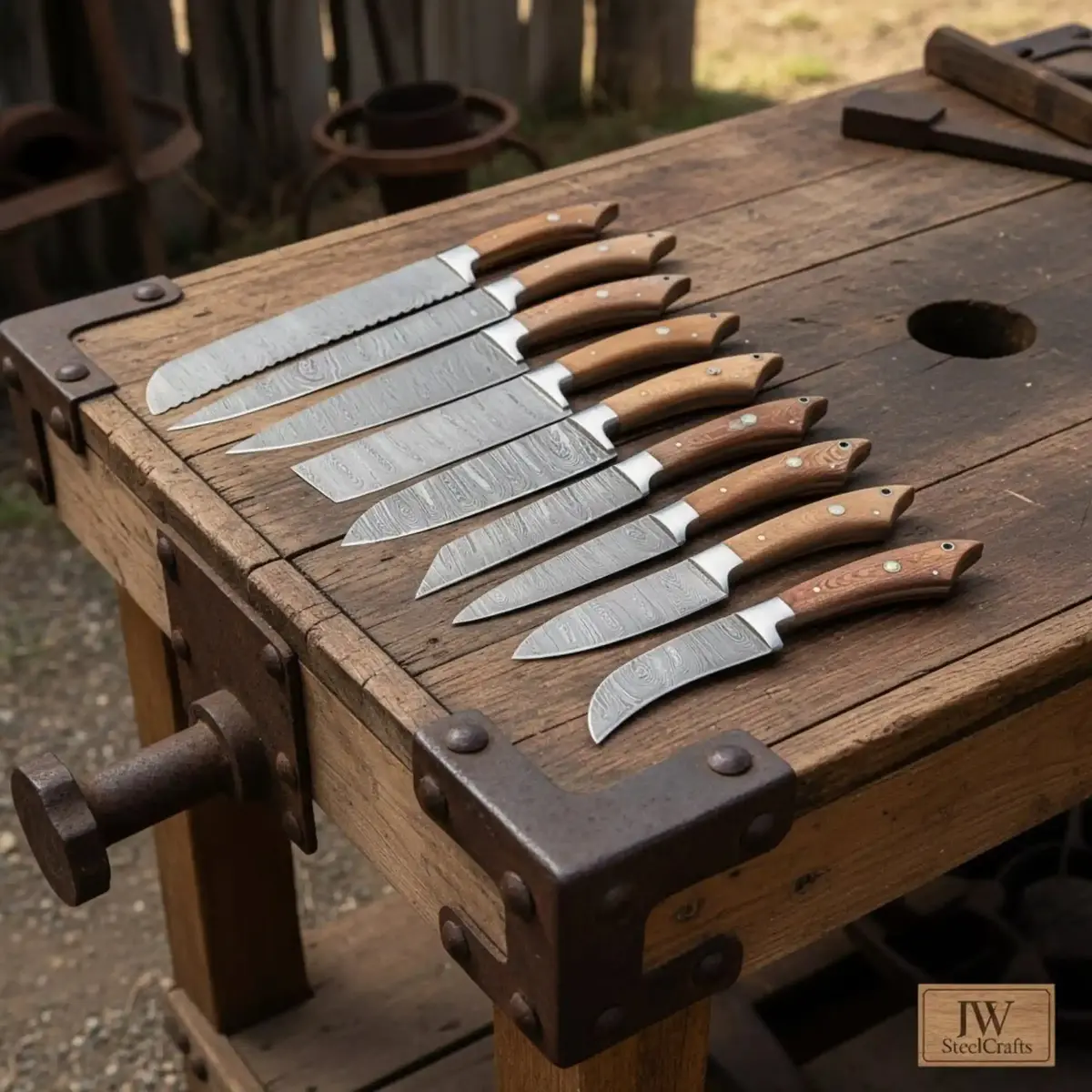 8-Piece Handmade Damascus Kitchen Knife Set With Walnut Wood Handles 1