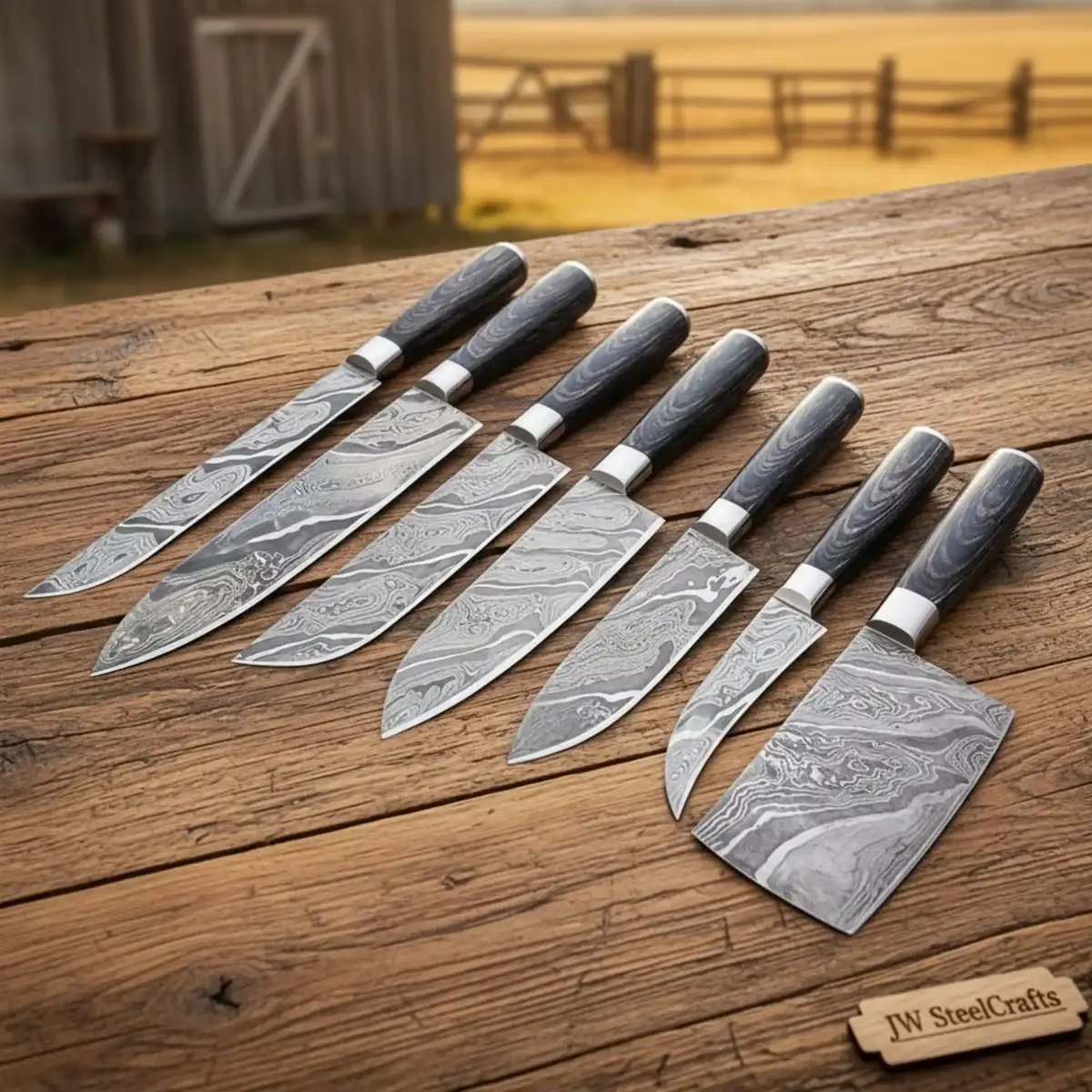 Jw Steelcrafts Damascus Butcher & Slicing Knife Set — Cleaver, Gyuto, Santoku & Utility Blades 1