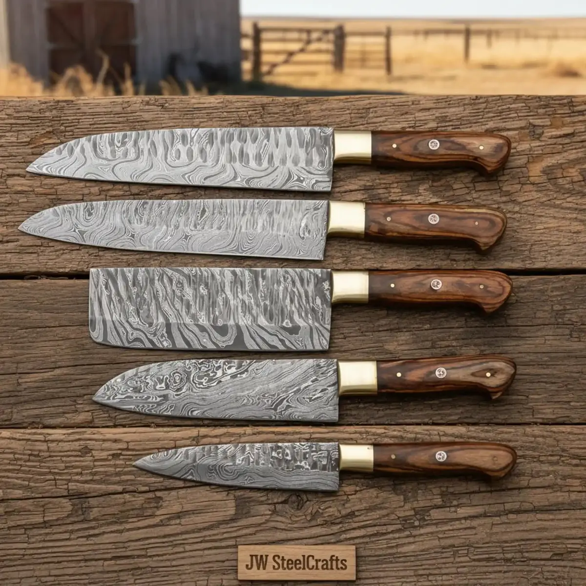 Jw Steelcrafts Damascus Cleaver, Nakiri & Chef Knife Set – Pakka Wood, Brass Bolster 1