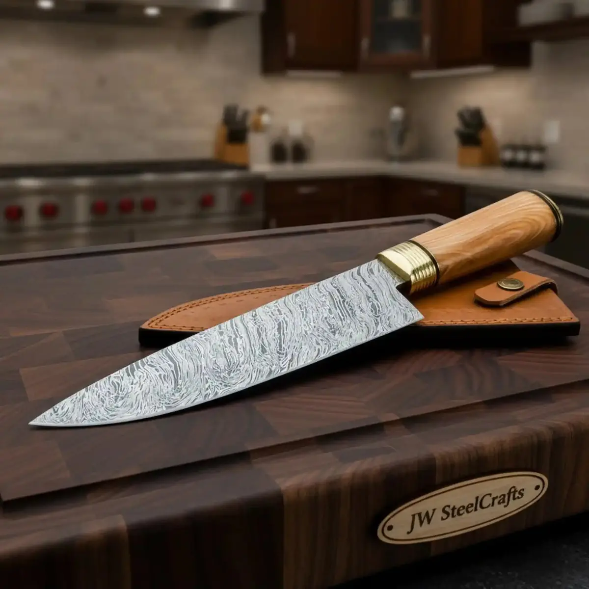 Jw Steelcrafts Fire Damascus Chef Knife With Olive Wood & Brass Handle (Full Tang) 1