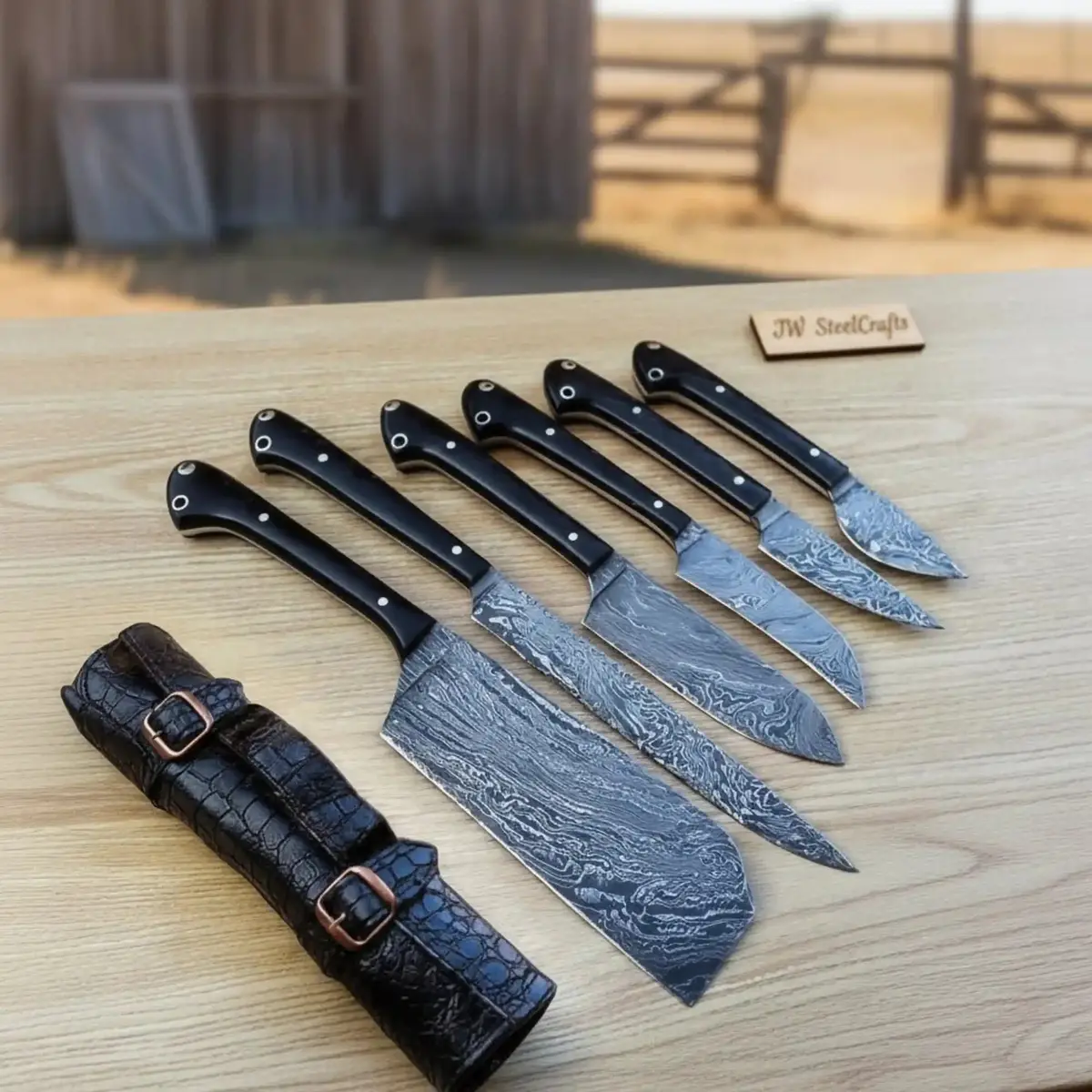 Jw Steelcrafts Fire-Pattern Damascus Full-Tang Butcher Cleaver & Precision Kitchen Knife Set 1