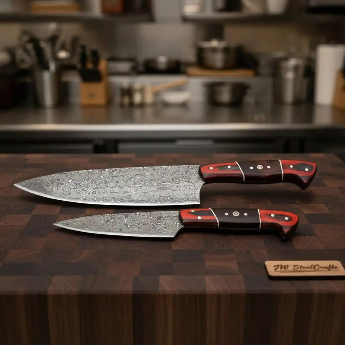 Jw Steelcrafts Full Tang Damascus Gyuto And Petty Knife Set With Mosaic Pins And Pakka-Rosewood Handles 1