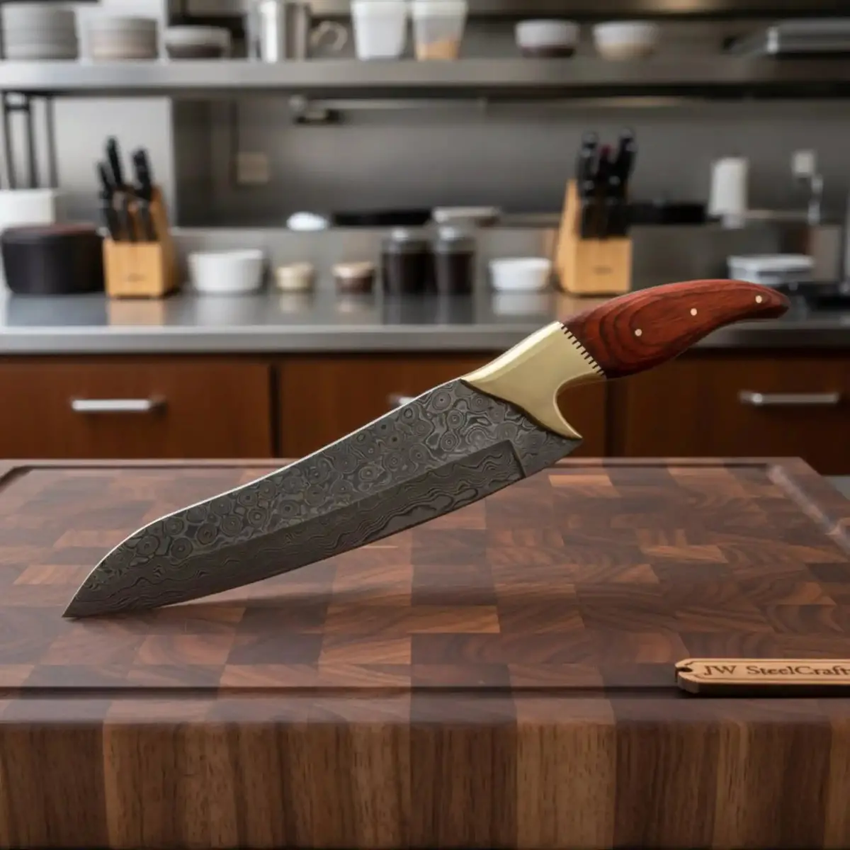 Jw Steelcrafts Hand-Forged Damascus Gyuto Chef Knife – Red Pakka Wood & Brass Bolster 1