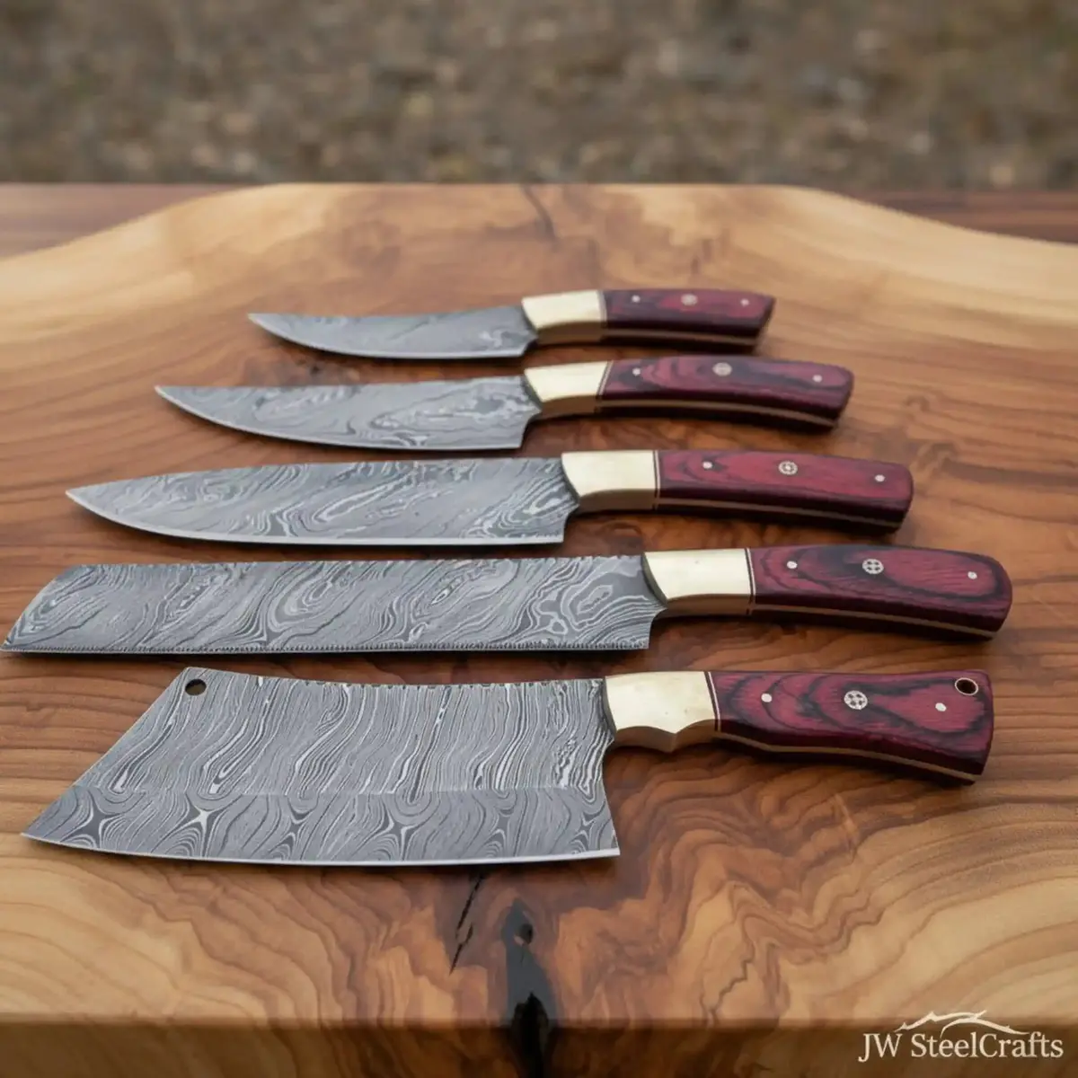 Jw Steelcrafts Handcrafted Damascus Butcher Cleaver + Multi-Purpose Chef Knife Set 1