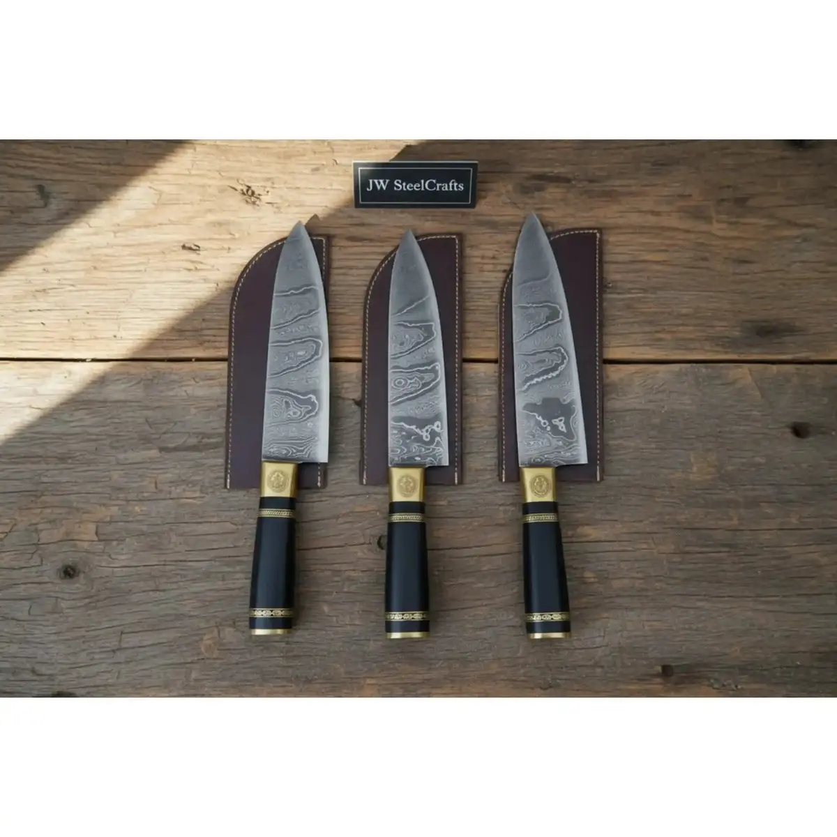 Jw Steelcrafts Handcrafted Damascus Chef Knife Set (3-Piece) – Professional Kitchen Knives With Luxury Brass Bolster & Leather Sheaths 1