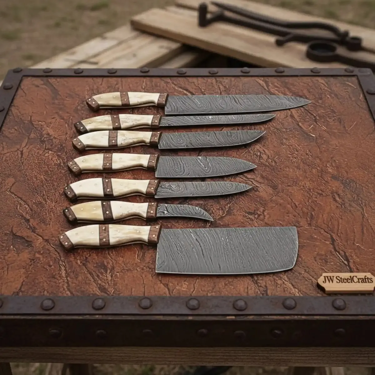 7-Piece Handmade Damascus Kitchen Knife Set With Bone Handle And Leather Roll 1