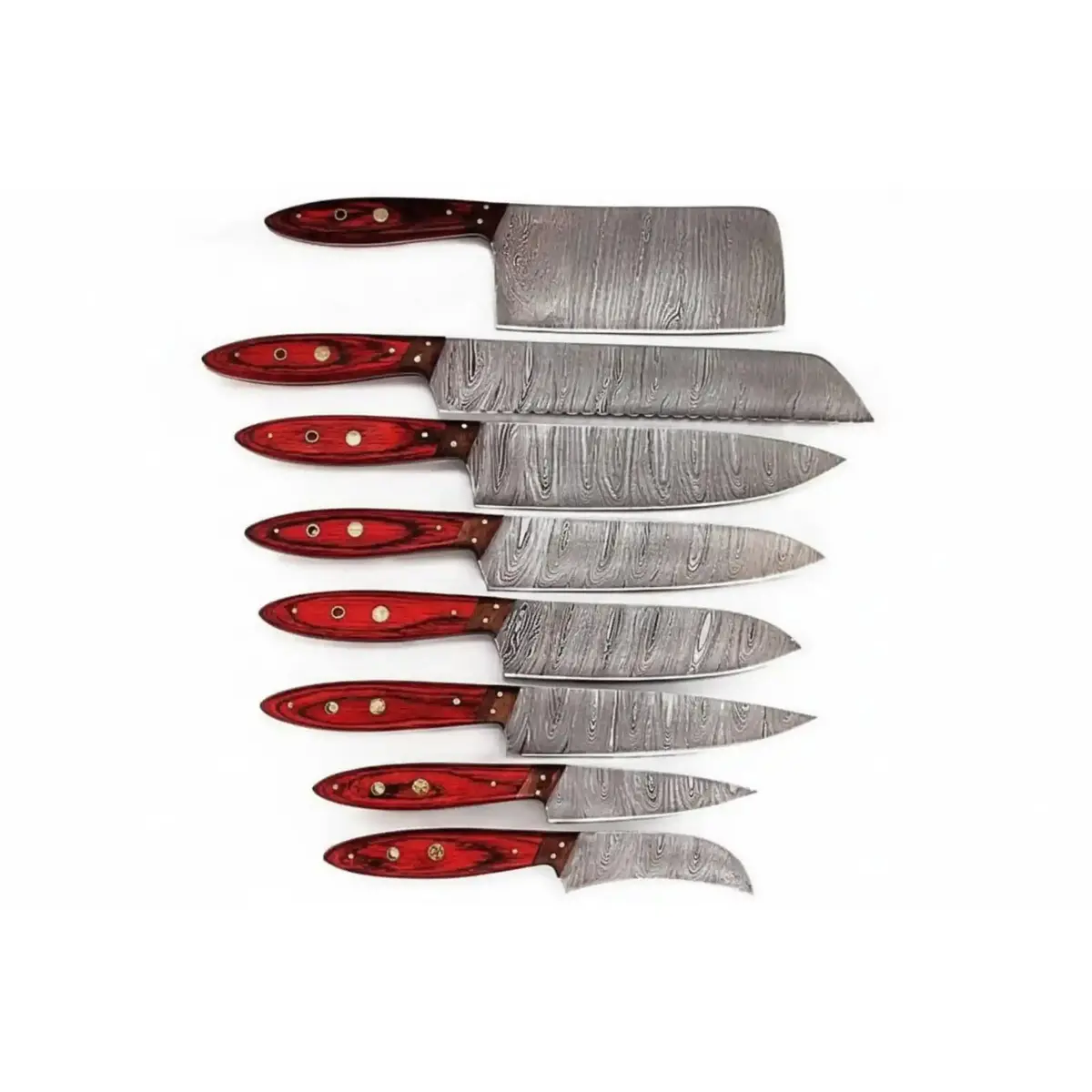 Jw Steelcrafts Handmade Damascus Kitchen Knife Set Of 8, Cleaver, Santoku, Gyuto Chef, Utility, Boning And Skinning Knives, Red Pakka Wood Handle, Full Tang 1