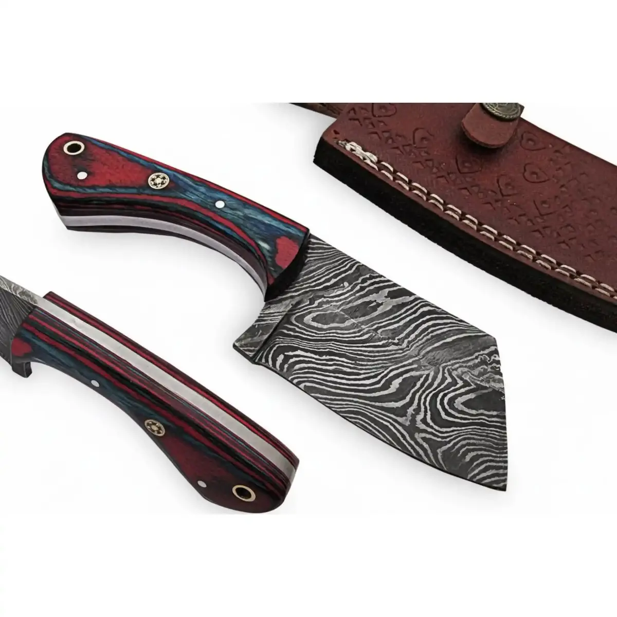 Jw Steelcrafts Handmade Damascus Skinner Knife 6 Inch Full Tang Fixed Blade With Multi Color Wood Handle And Leather Sheath 1