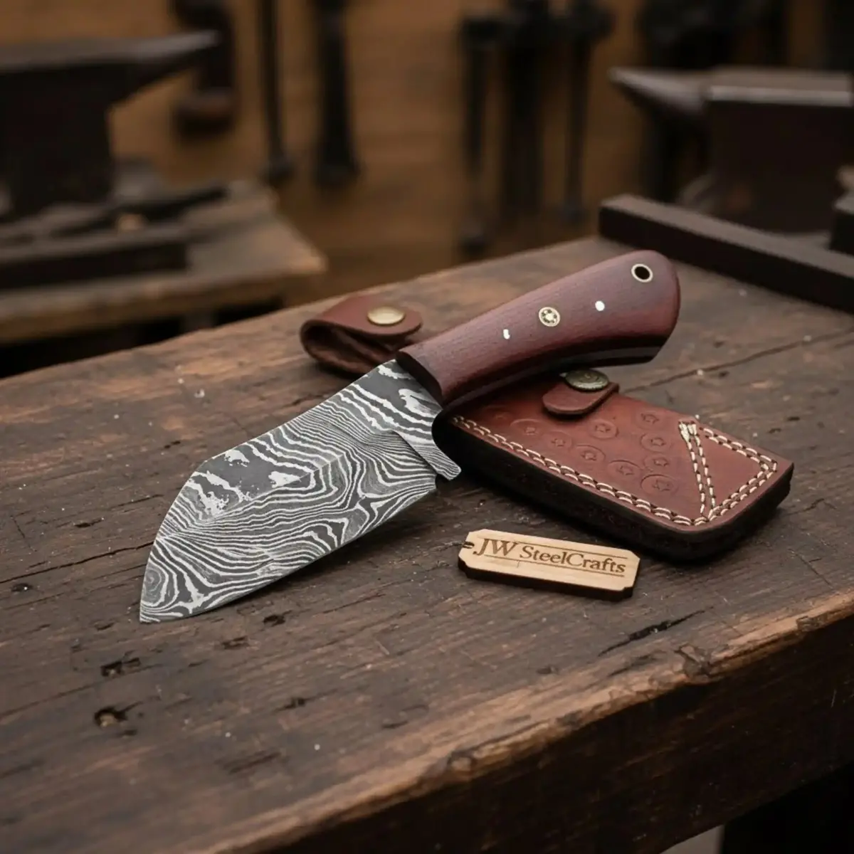 Compact Hunting Knife With Red Micarta Handle, Handmade Damascus Skinner, Leather Sheath, 7 Inch 1