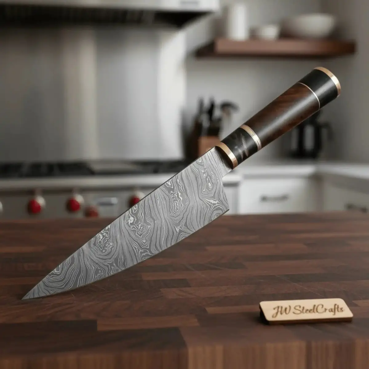 Jw Steelcrafts Kiritsuke Butcher Slicer, Hand-Forged Damascus, Brass-Capped Hardwood Handle 1