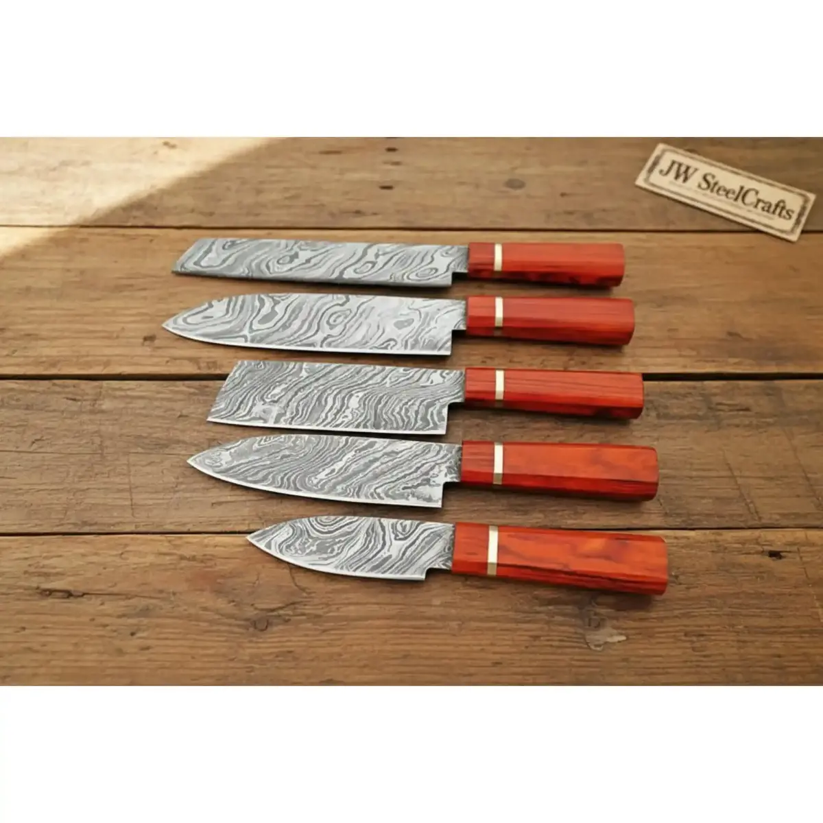 Jw Steelcrafts Premium Damascus Kitchen Knife Set – Chef, Utility & Petty Knives With Red Hardwood Handles 1
