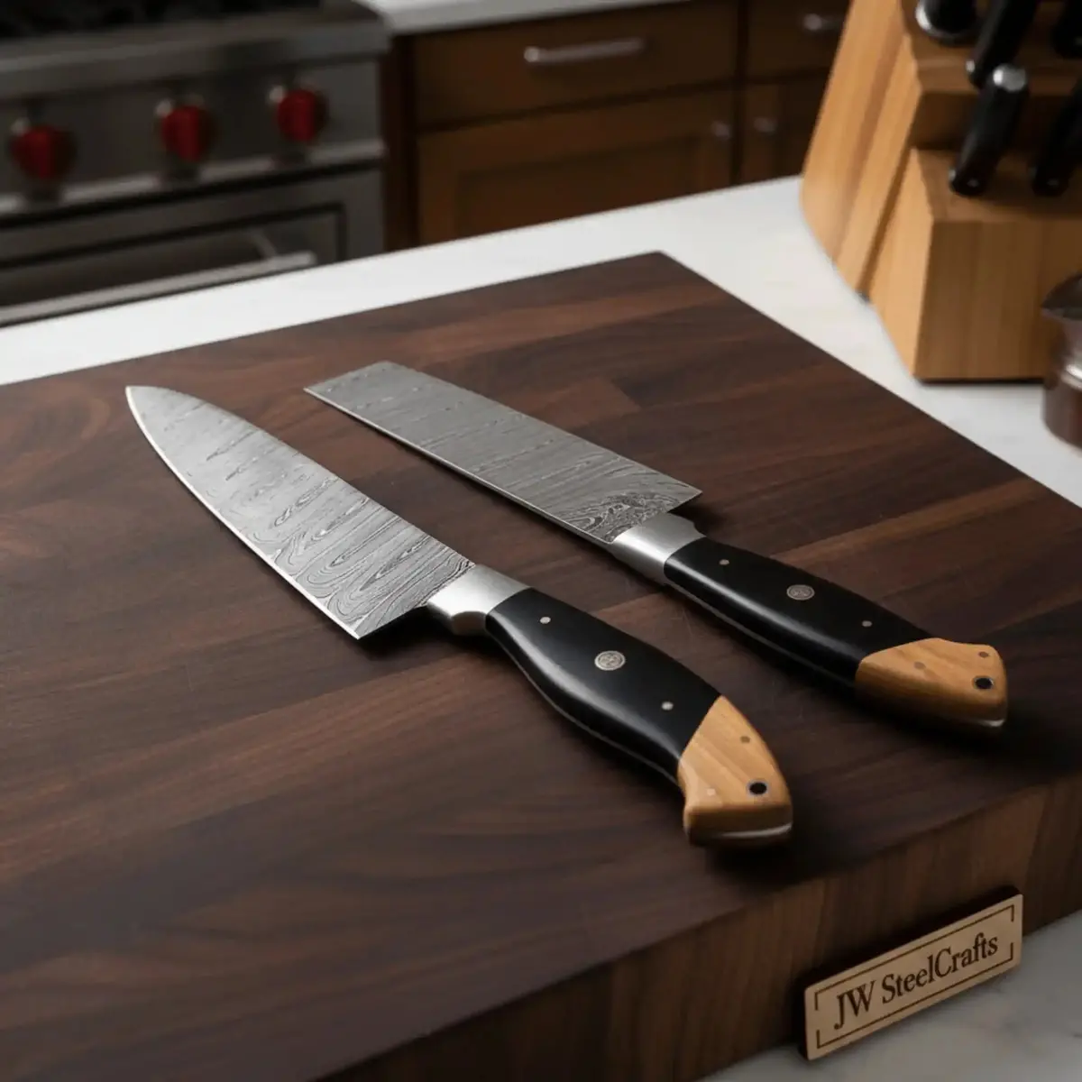 Jw Steelcrafts Twisted Damascus 12” Cleaver & 13” Chef Knife – Black Micarta And Olive Wood 1