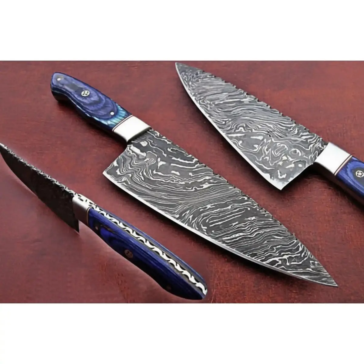 Kiritsuke-Style Damascus Chef Knife With Blue Wood Handle And Steel Bolster 1