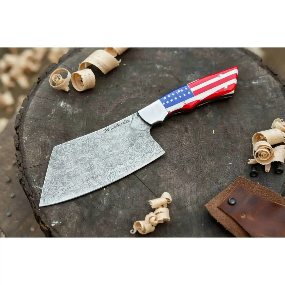 Ko-Bunka Damascus Steel Knife, Reverse Tanto Japanese Prep Knife, Handmade Damascus Blade With Usa Flag Resin Handle, Compact Bunka Kitchen Knife Jw Steelcrafts 1