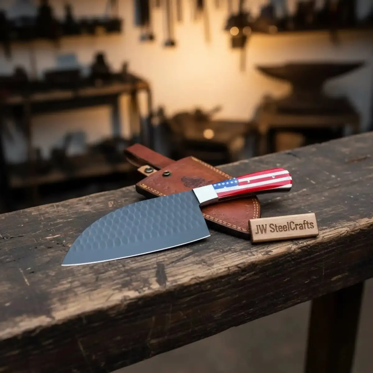 Ko-Santoku Damascus Steel Knife, Compact Japanese Santoku Kitchen Knife, Hammered Finish Blade, Usa Flag Resin Handle, Handmade Prep Knife Jw Steelcrafts 1