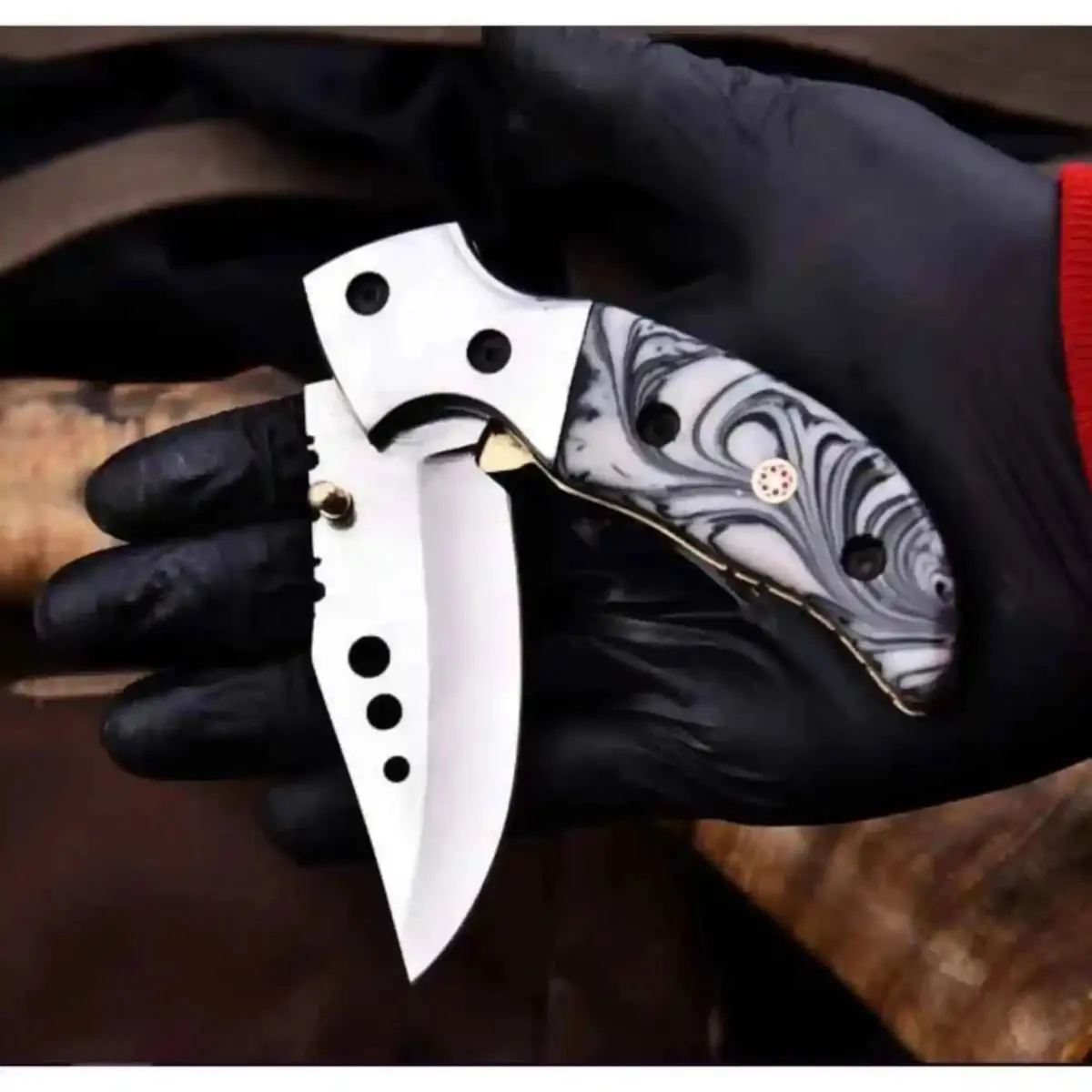 Marble Resin Handle Folding Pocket Knife W/ Leather Sheath | Jw Steelcrafts 1