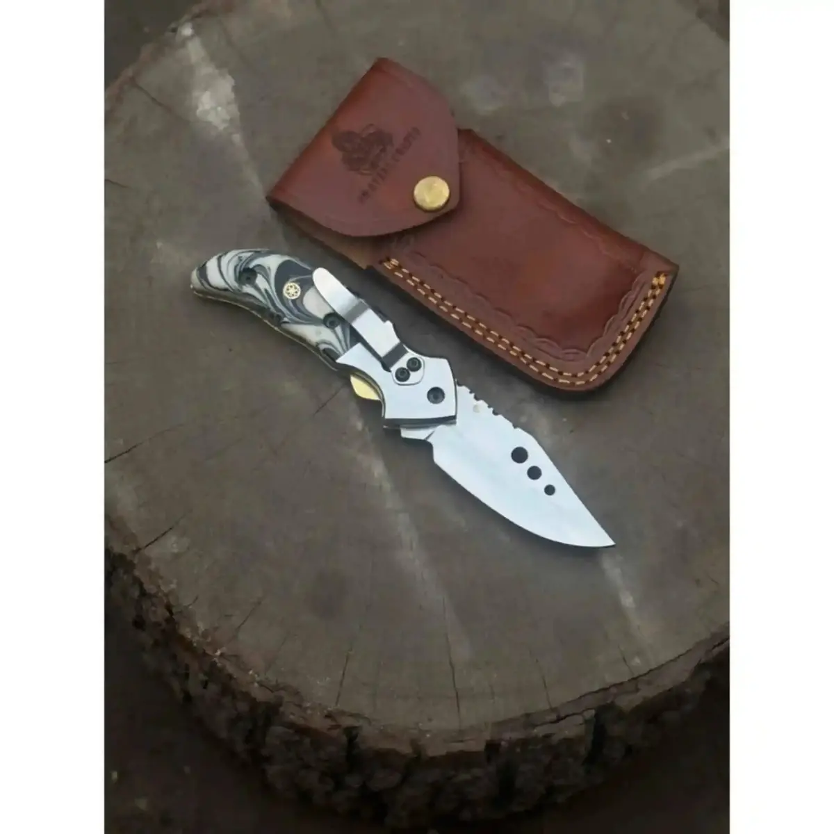 Marble Resin Handle Folding Pocket Knife W/ Leather Sheath | Jw Steelcrafts 2