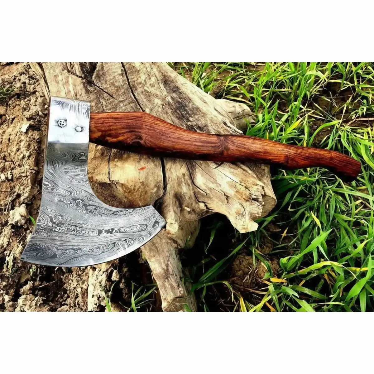 Matching Pair Of Hand-Forged Damascus Bearded Axes With Curved Rosewood Handles 1