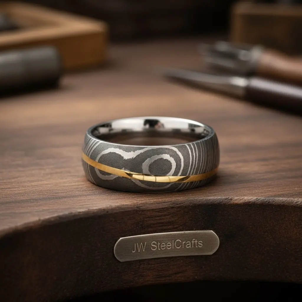 Mens Damascus Steel Wedding Band Raindrop Pattern With Brass Inlay 1