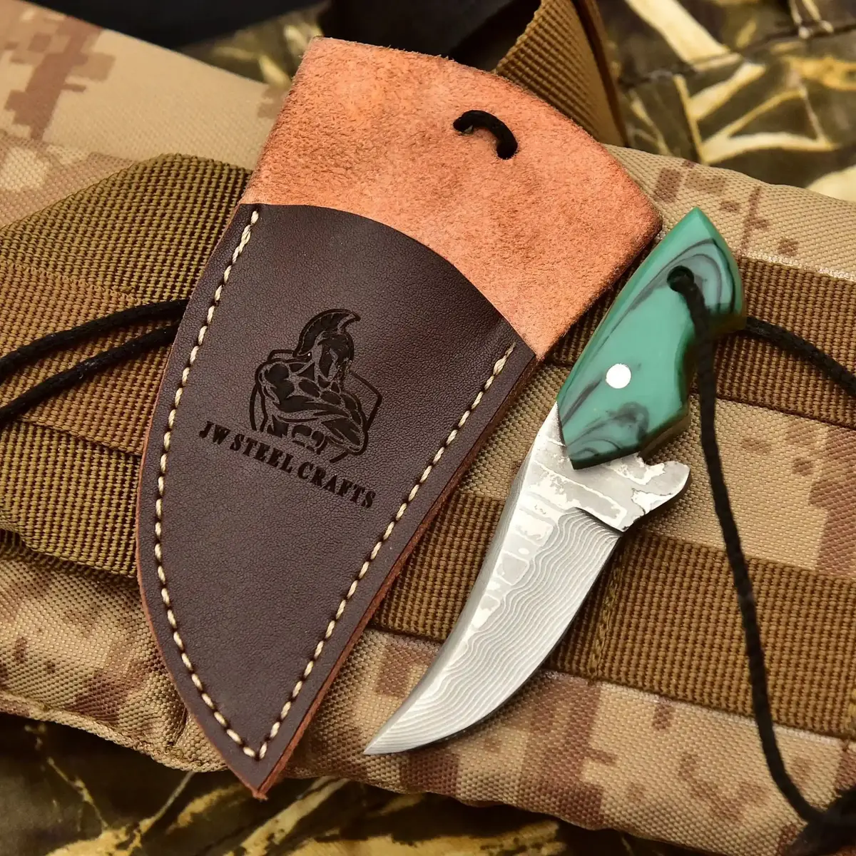 Neck Knife With Leather Sheath – Mini Damascus Pattern Blade | Green Resin Handle | Jw Steelcrafts 1
